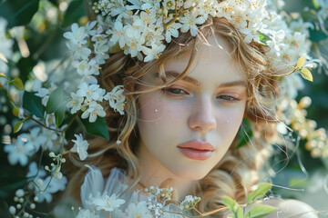 Poster - Artistic depiction of a nymph in a forest, surrounded by blooming honeysuckle and jasmine, her hair entwined with ivy and flowers,