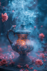 Poster - Scene of a genie emerging from a lamp, surrounded by swirling smoke infused with the scent of sandalwood and rose,