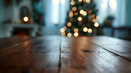Poster - The empty wooden brown table top with blur background of home room in winter Exuberant image : Generative AI