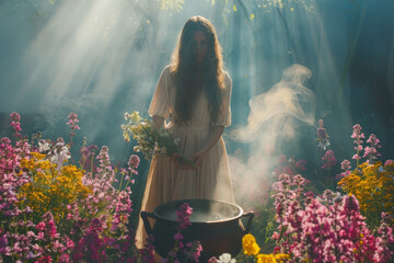 Poster - Dynamic image of a witch casting a spell in a grove, surrounded by blooming violets and orchids, her cauldron emitting fragrant smoke,