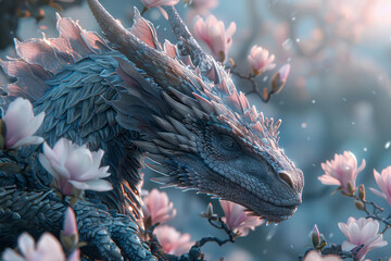 Poster - Illustration of a dragon in a mystical forest, surrounded by blooming magnolias and jasmine, its breath infused with a sweet, enchanting scent,