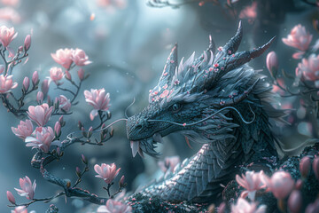 Poster - Illustration of a dragon in a mystical forest, surrounded by blooming magnolias and jasmine, its breath infused with a sweet, enchanting scent,