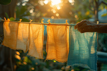 Poster - Image of a person hanging reusable cleaning cloths to dry in the sun, promoting sustainable practices,