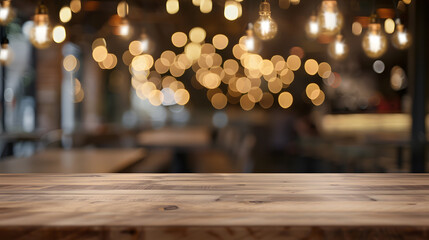 Leinwandbilder - image of wooden table in front of abstract blurred background of resturant lights : Generative AI