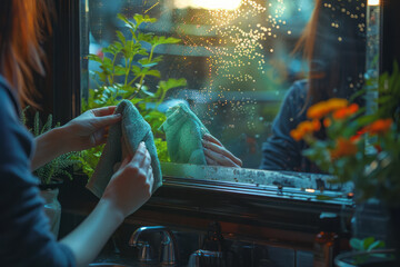 Poster - Artistic depiction of someone using a reusable, plant-based fiber cloth to clean a mirror,