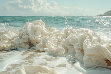Poster - Image of a blanket transforming into waves, with the edges dissolving into the ocean,