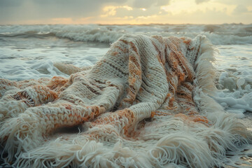 Poster - Image of a blanket transforming into waves, with the edges dissolving into the ocean,