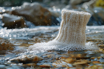 Poster - Scene of a pair of socks turning into a gentle cascade, symbolizing the refreshing effect of washing,