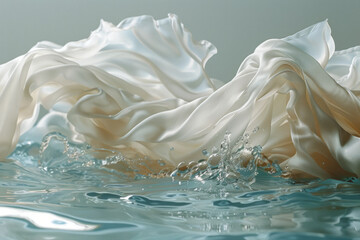 Poster - Dynamic image of a fabric swatch dissolving into a clear pool, representing cleanliness and purity,