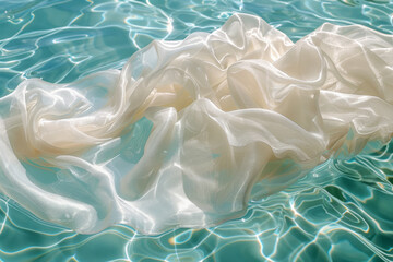 Poster - Dynamic image of a fabric swatch dissolving into a clear pool, representing cleanliness and purity,