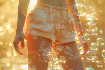 Poster - Illustration of a pair of shorts with bubbles encircling the waistband, creating a lively and energetic scene,