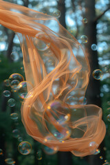 Poster - Scene of a scarf being lifted by a gentle breeze, with bubbles floating and twirling around it,