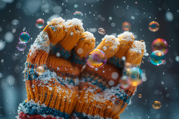 Poster - Artistic rendering of a pair of mittens with bubbles cascading down, giving a sense of movement and joy,