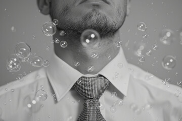 Poster - Image of a shirt and tie ensemble with bubbles forming a playful dance around the collar and cuffs,