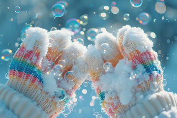 Poster - Artistic rendering of a pair of mittens with bubbles cascading down, giving a sense of movement and joy,