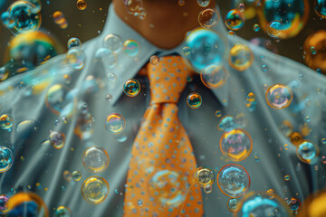 Poster - Image of a shirt and tie ensemble with bubbles forming a playful dance around the collar and cuffs,