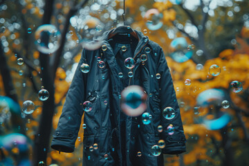 Poster - Scene of a coat hanging in mid-air, with bubbles floating up and around the sleeves,