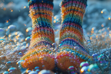 Poster - Artistic rendering of a pair of socks with bubbles forming playful patterns around the ankles,