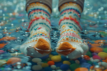 Poster - Artistic rendering of a pair of socks with bubbles forming playful patterns around the ankles,