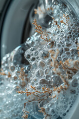 Poster - Dynamic image of foam in a washing machine, with each bubble containing a detailed, fractal-like design,