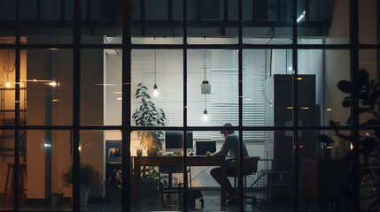 Wall Mural - Man working late night in empty building with transparent glass window modern : Generative AI