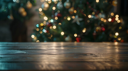 Poster - Empty table in front of christmas tree with decoration background : Generative AI