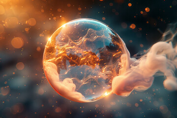 Poster - Illustration of a bubble floating in the air, with its surface displaying complex fractal patterns,