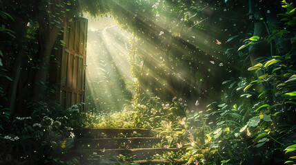 Wall Mural - Fantasy enchanted fairy tale forest with magical opening secret wooden door and stairs leading to mystical shine light outside the gate, Lilies flowers, rays and flying fairytale magic butterflies.