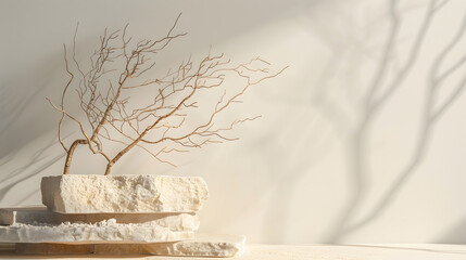 Poster - Podium for exhibitions and product presentations material stone wood dry branches Beautiful beige background made from natural materials Abstract nature scene with composition : Generative AI