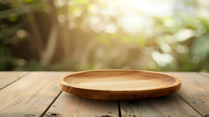 Leinwandbilder - Empty wooden plate on wood table Soft blurry background of free space for your copy and branding Use as products display montage Vintage style concept : Generative AI