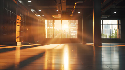 Aufkleber - Empty gym and interior space or dark room with window and light flare for exercise training and fitness workout No people sports club and floor layout of exercising venue facility and  : Generative AI