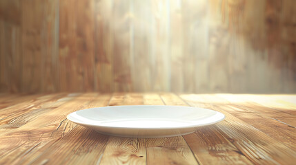 Poster - Perspective view of empty light plate on wooden background Empty space for your design : Generative AI