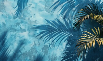 Wall Mural - Empty palm shadow blue color texture pattern cement wall background. Used for presentation business nature organic cosmetic products for sale shop online. Summer tropical beach with minimal concept