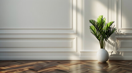 Poster - White classic wall background brown parquet floor home furniture detail frame and vase of plant : Generative AI