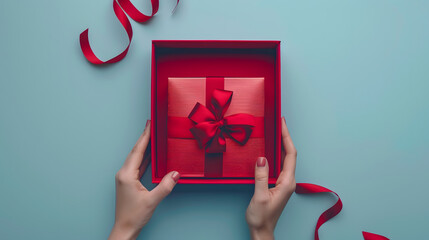 Female hands opening empty red elegant luxury box with ribbon Mockup present gift box on light blue background Top view : Generative AI