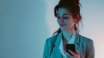 Aufkleber - Smiling business woman using smartphone on white background : Generative AI