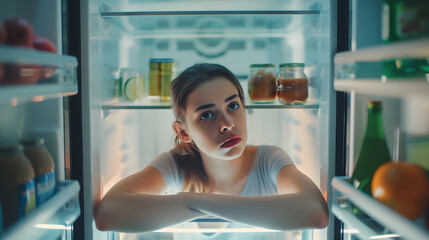 Point of view POV inside refrigerator Caucasian girl hungry woman open fridge at home kitchen look at empty shelves order food products delivery with mobile phone app online service we : Generative AI