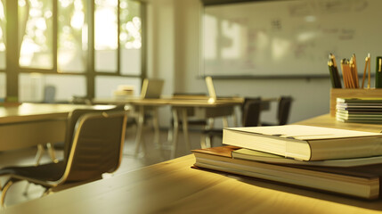 Poster - Cropped shot of wooden table with books stationery and copy space in blurred study roomEmpty classroom or presentation room interior with desks chairs and whiteboard : Generative AI