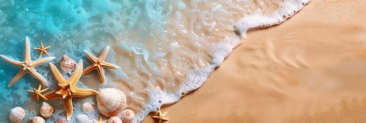Poster - A painting depicting a beach scene with starfish scattered along the shore and waves crashing in the background. Generative AI