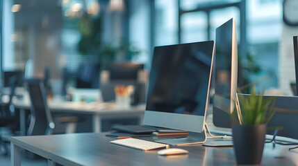 Fototapete - Modern business office without people with blurred bokeh background tables chairs computers copy space High quality photo : Generative AI