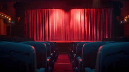 Aufkleber - Darkened empty movie theatre and stage with the red curtains drawn viewed over rows of vacant seats from the rear : Generative AI
