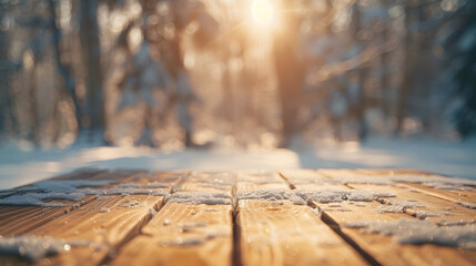 Aufkleber - blurred background of winter landscape  with sun light and free space for you and wooden desk space : Generative AI