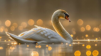 Poster -   White swan floats on water's surface, yellow boke lights visible