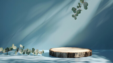 Poster - Abstract empty Wood slice podium with eucalyptus leaves and shadows on blue background Mock up stand for product presentation 3D Render Minimal concept Advertising template : Generative AI
