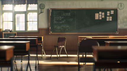 Fototapete - Empty classroom with chairs desks and chalkboard : Generative AI