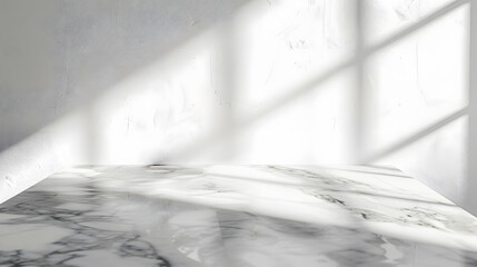 Wall Mural - Marble table with window shadow drop on white wall background for mockup product display : Generative AI