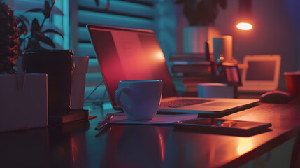 Poster - work office desk with a cup of coffee computer laptop notebook pen : Generative AI