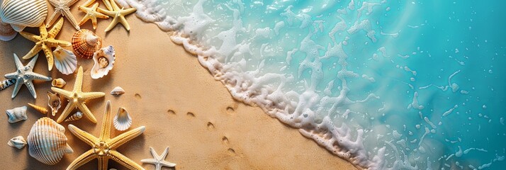 Poster - Starfish and shells scattered on a sandy beach, creating a beach style background wallpaper for a warm and cozy summer vibe. Generative AI
