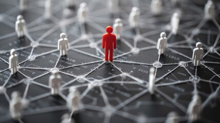 red figure standing out in a white network, representing individuality, connection and social struct