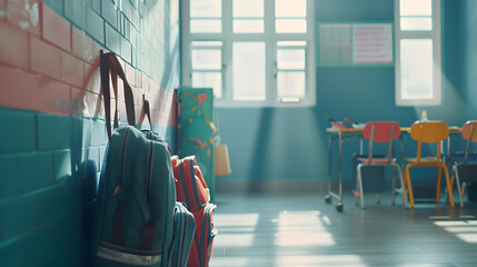 Poster - Interior of stylish empty classroom with backpacks and stationery : Generative AI